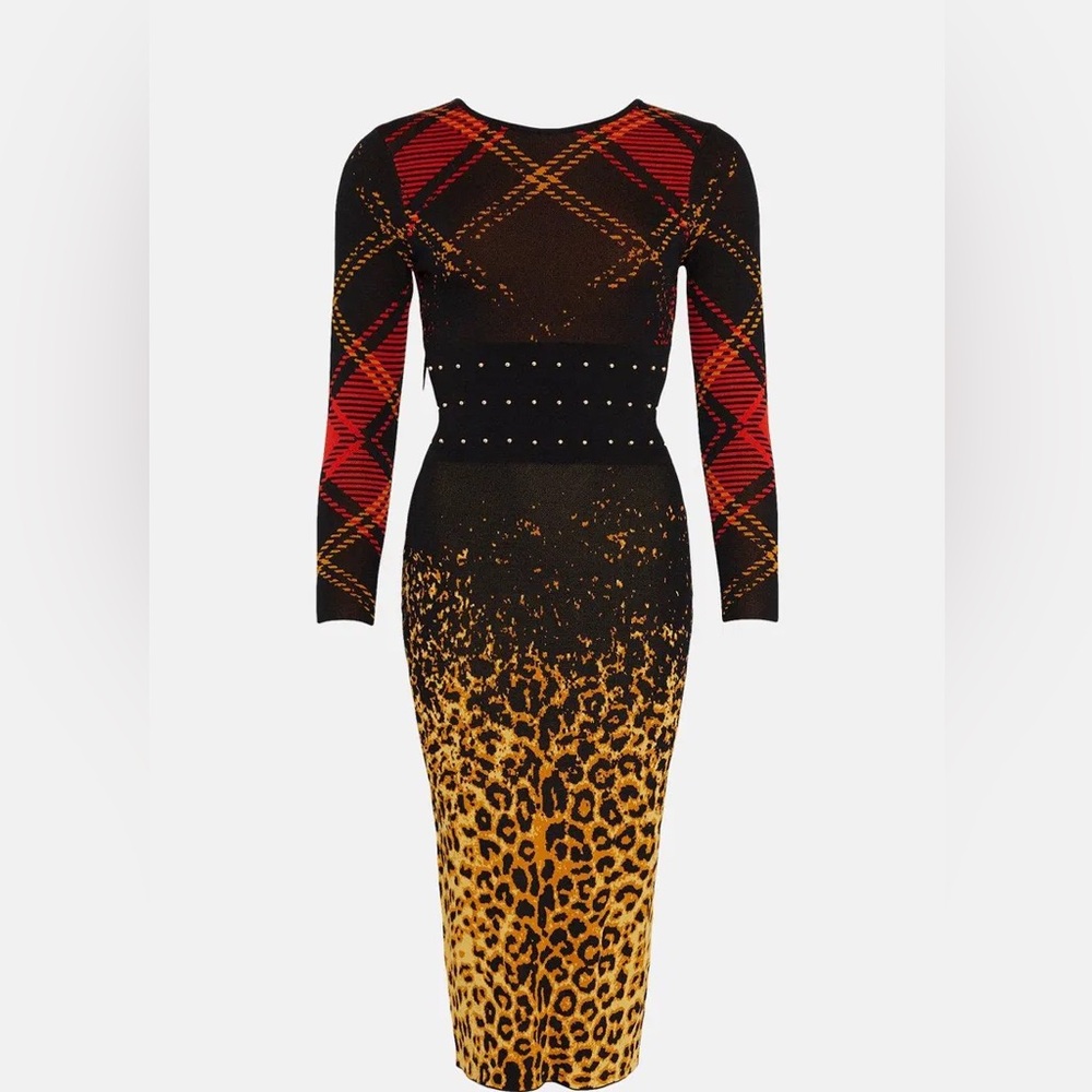 Karen Millen Plaid Leopard Knit Dress L